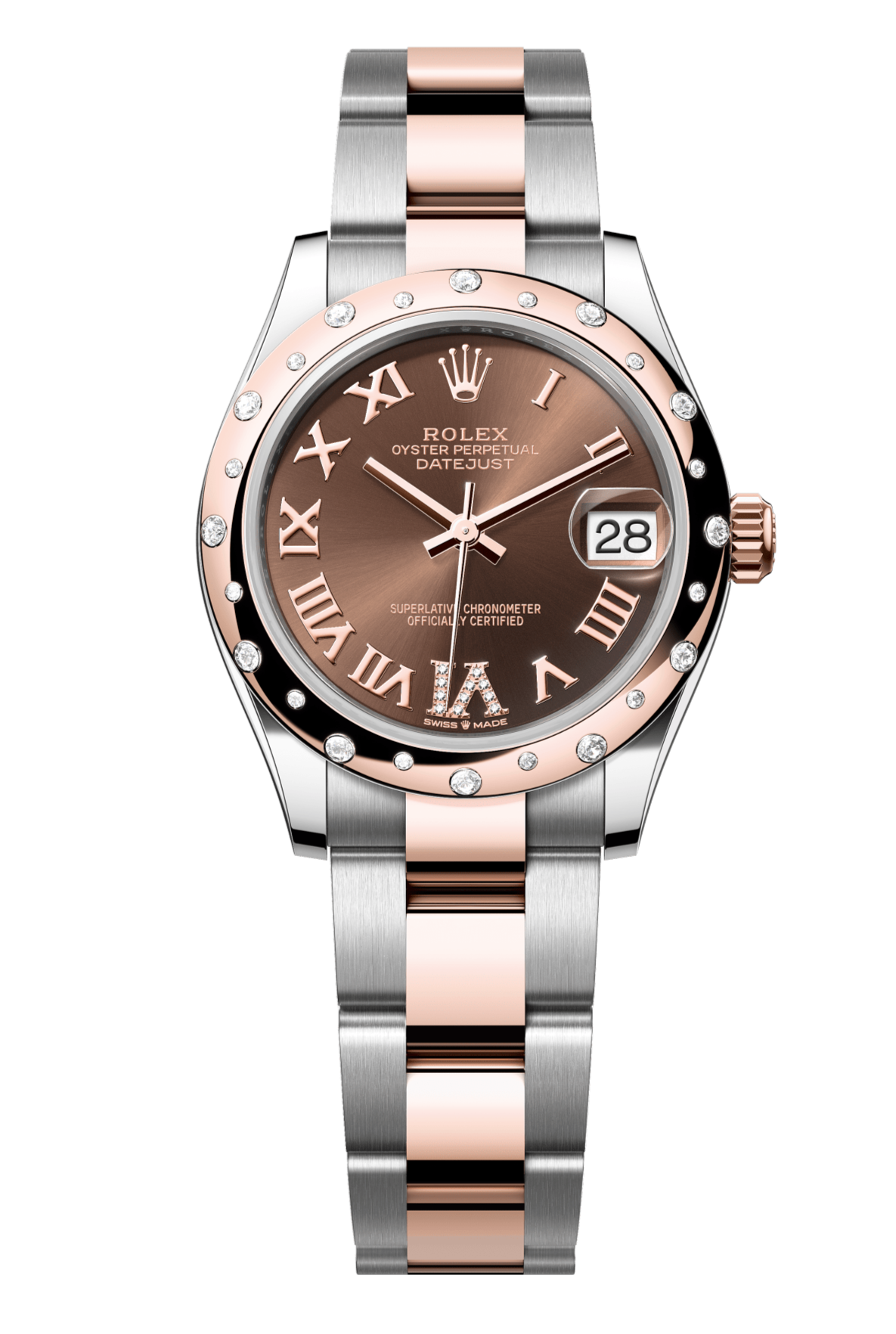 Rolex Oyster Perpetual Datejust 31 in Oystersteel and Everose gold features a chocolate, diamond-set dial and an Oyster bracelet 278341RBR-Chocolate