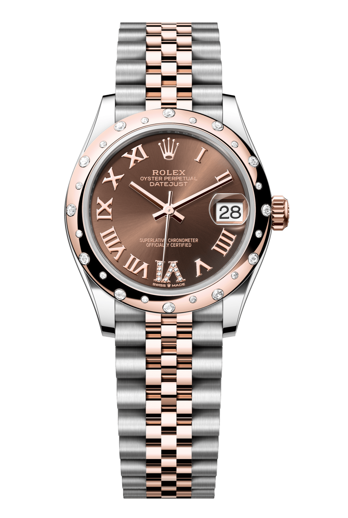 Rolex Oyster Perpetual Datejust 31 in Oystersteel and Everose gold features a chocolate, diamond-set dial and a Jubilee bracelet. 278341RBR-Chocolate 1