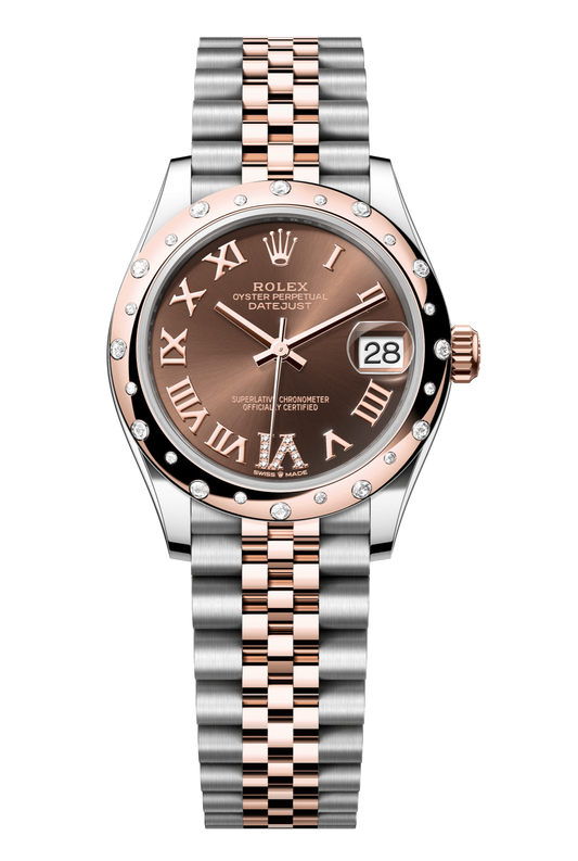 Rolex Oyster Perpetual Datejust 31 in Oystersteel and Everose gold features a chocolate, diamond-set dial and a Jubilee bracelet. 278341RBR-Chocolate 1