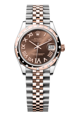 Rolex Oyster Perpetual Datejust 31 in Oystersteel and Everose gold features a chocolate, diamond-set dial and a Jubilee bracelet. 278341RBR-Chocolate 1