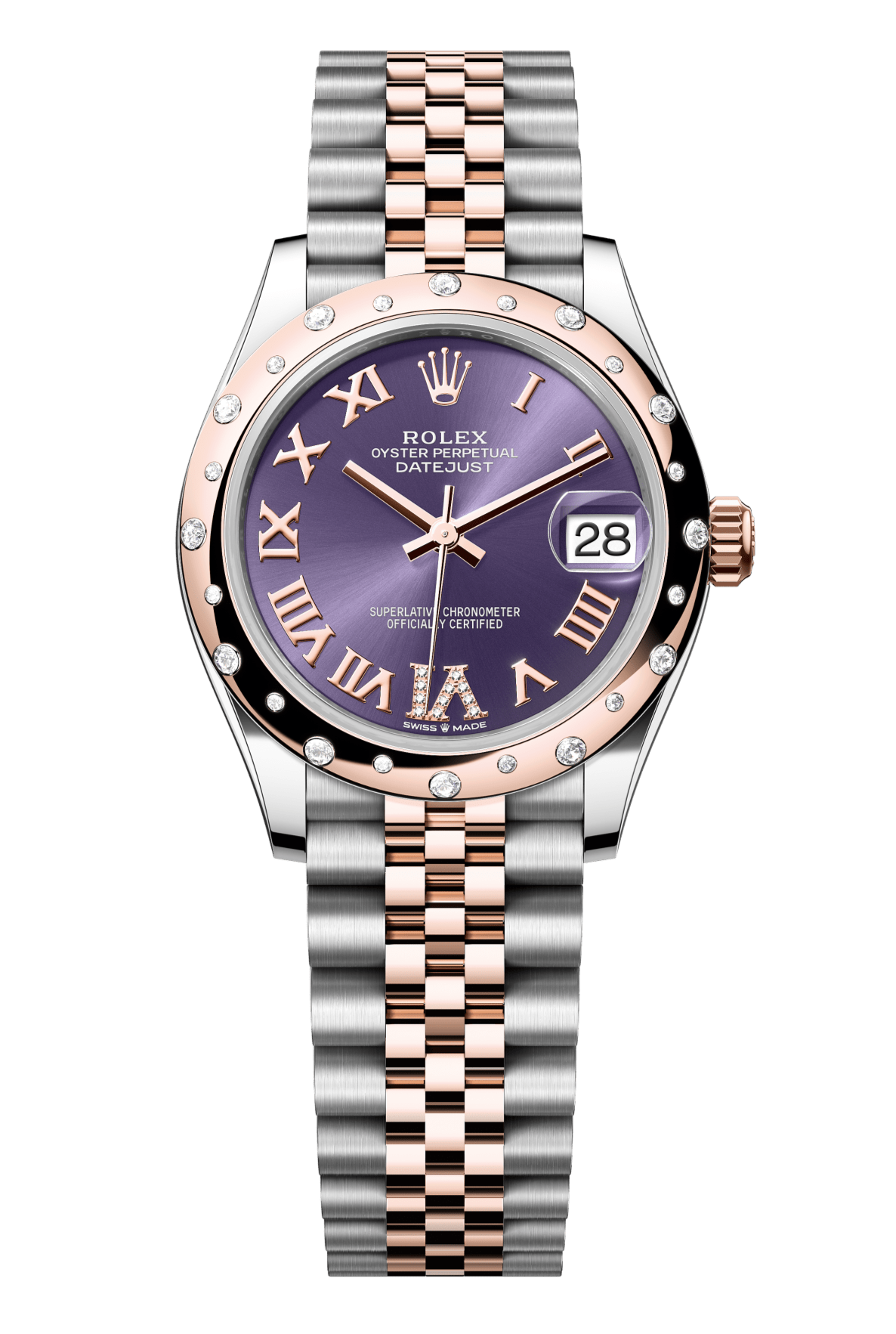 Rolex Oyster Perpetual Datejust 31 in Oystersteel and Everose gold features an aubergine, diamond-set dial and a Jubilee bracelet 278341RBR-Aubergine