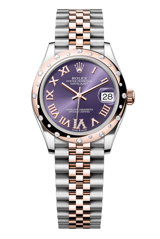 Rolex Oyster Perpetual Datejust 31 in Oystersteel and Everose gold features an aubergine, diamond-set dial and a Jubilee bracelet 278341RBR-Aubergine