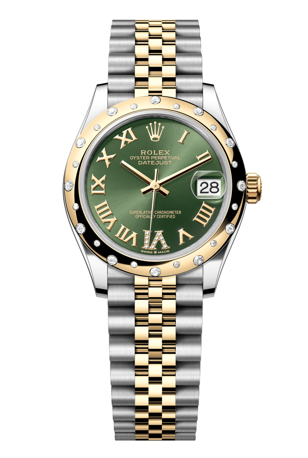 Rolex Oyster Perpetual Datejust 31 in Oystersteel and yellow gold features an olive-green, diamond-set dial and a Jubilee bracelet 278343RBR-Green