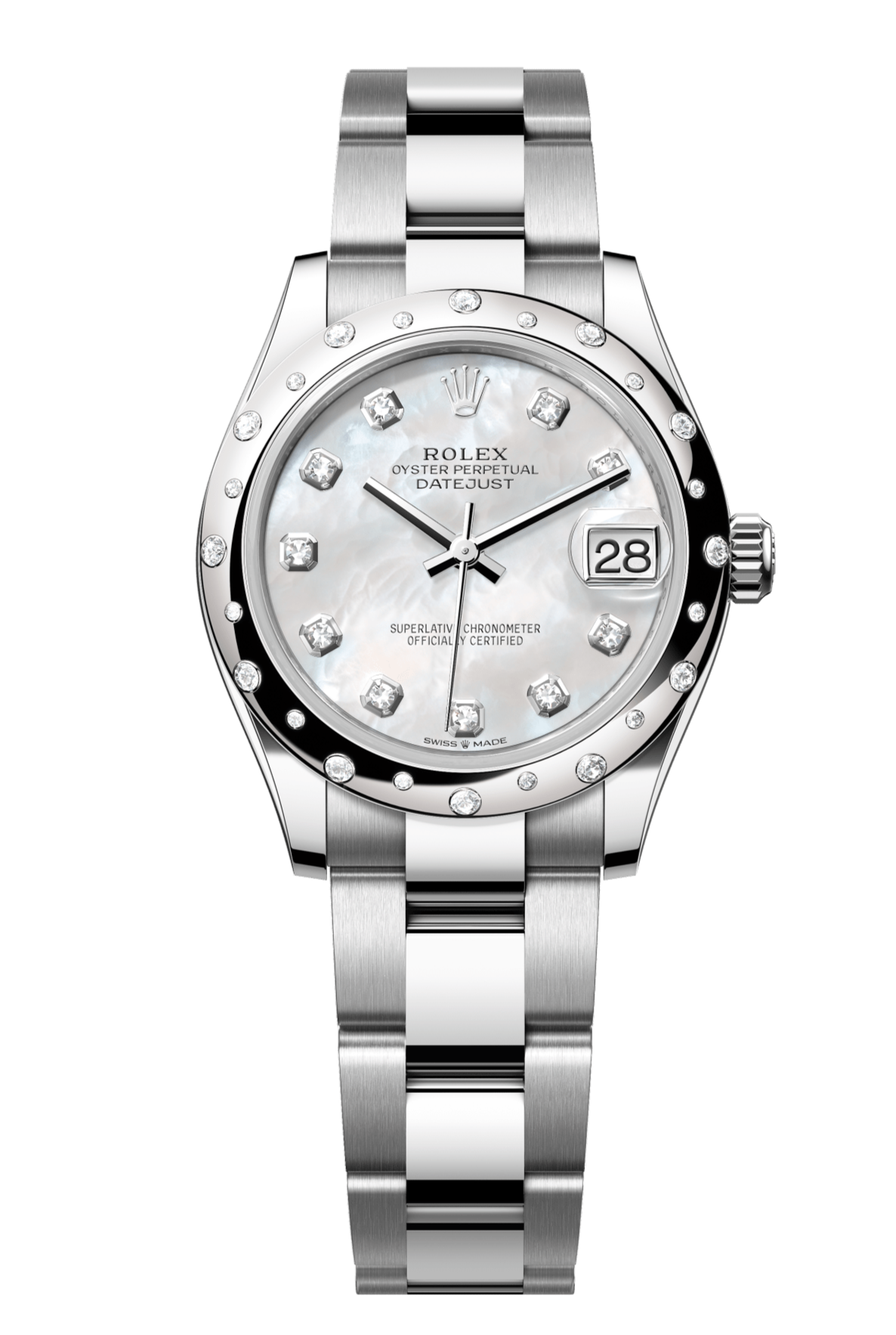 Rolex Oyster Perpetual Datejust 31 in Oystersteel and white gold features a white mother-of-pearl, diamond-set dial and an Oyster bracelet 278344RBR-Mother of Pearl