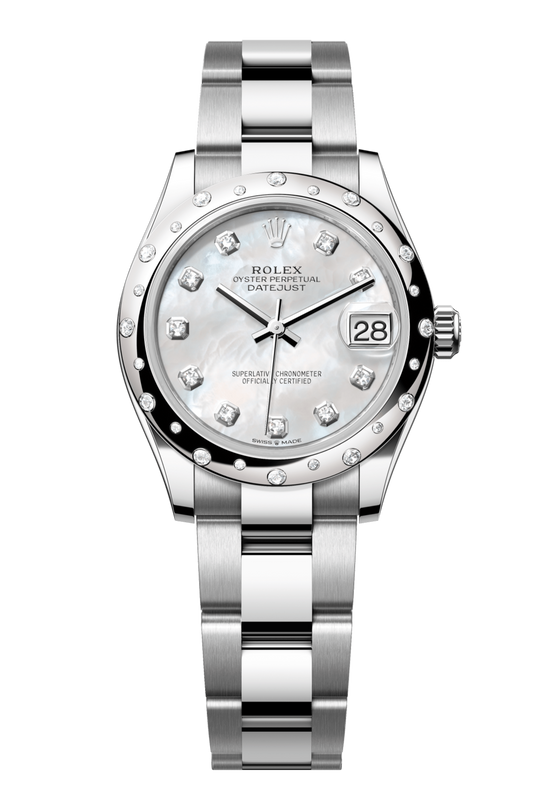 Rolex Oyster Perpetual Datejust 31 in Oystersteel and white gold features a white mother-of-pearl, diamond-set dial and an Oyster bracelet 278344RBR-Mother of Pearl