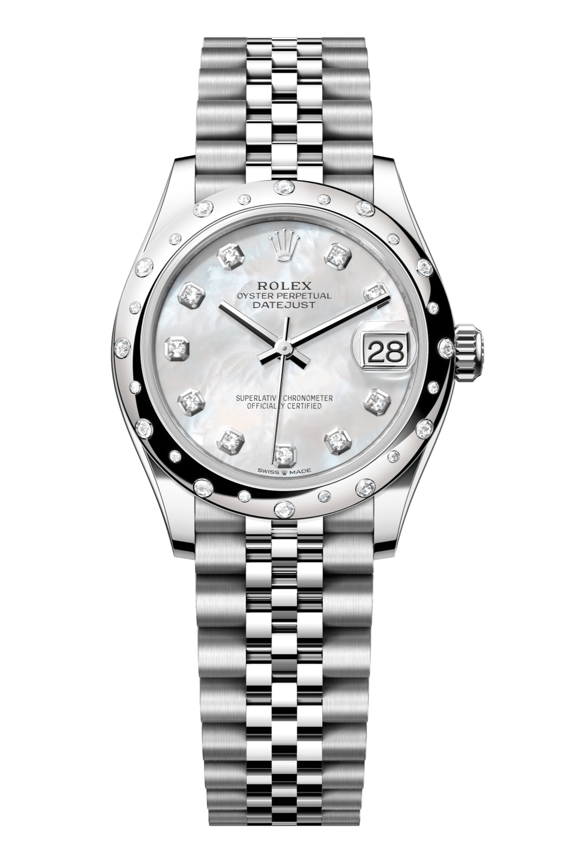 Rolex Oyster Perpetual Datejust 31 in Oystersteel and white gold features a white mother-of-pearl, diamond-set dial and a Jubilee bracelet 278344RBR-Mother of Pearl 1