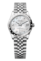 Rolex Oyster Perpetual Datejust 31 in Oystersteel and white gold features a white mother-of-pearl, diamond-set dial and a Jubilee bracelet 278344RBR-Mother of Pearl 1