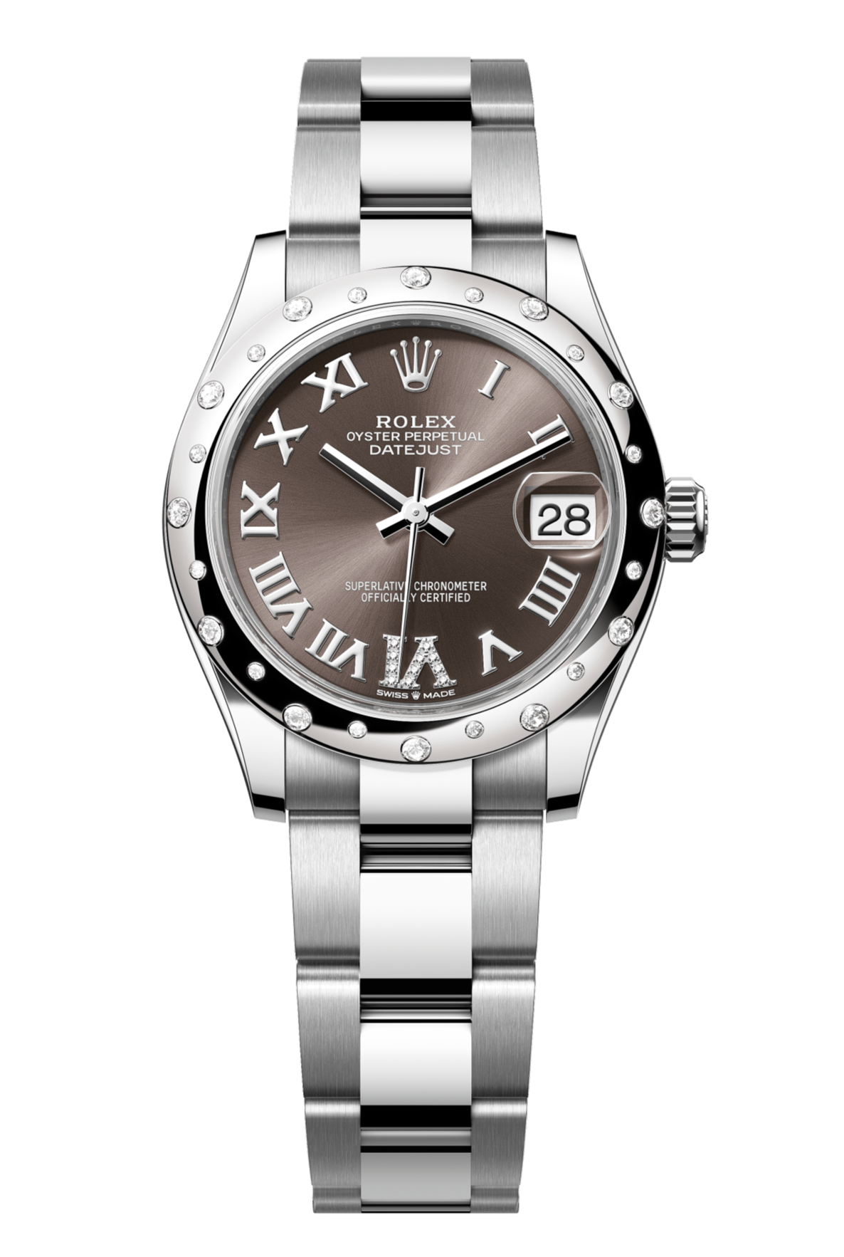 Rolex Oyster Perpetual Datejust 31 in Oystersteel and white gold features a dark grey, diamond-set dial and an Oyster bracelet 278344RBR-Grey