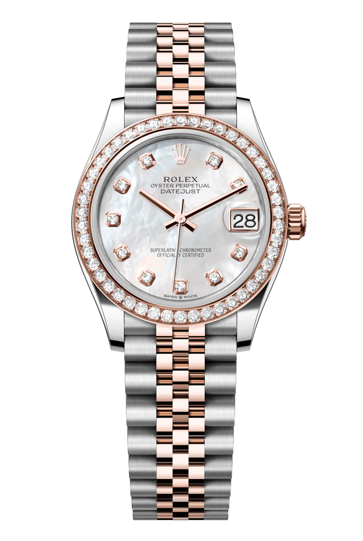 Rolex Oyster Perpetual Datejust 31 in Oystersteel and Everose gold features a white mother-of-pearl, diamond-set dial and a Jubilee bracelet 278381RBR-Mother of Pearl