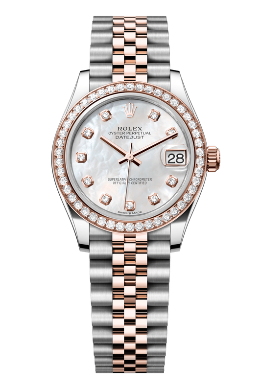 Rolex Oyster Perpetual Datejust 31 in Oystersteel and Everose gold features a white mother-of-pearl, diamond-set dial and a Jubilee bracelet 278381RBR-Mother of Pearl