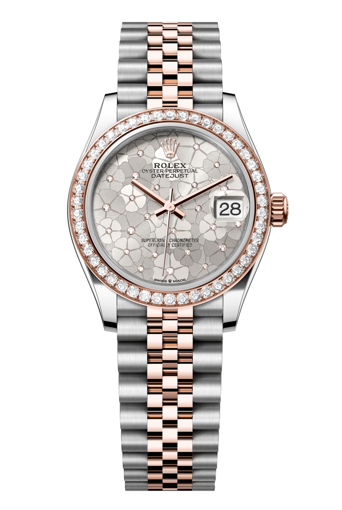 Rolex Oyster Perpetual Datejust 31 in Oystersteel and Everose gold features a silver floral-motif, diamond-set dial and a Jubilee bracelet 278381RBR-Silver