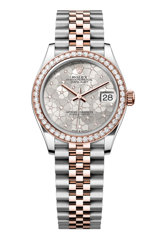 Rolex Oyster Perpetual Datejust 31 in Oystersteel and Everose gold features a silver floral-motif, diamond-set dial and a Jubilee bracelet 278381RBR-Silver