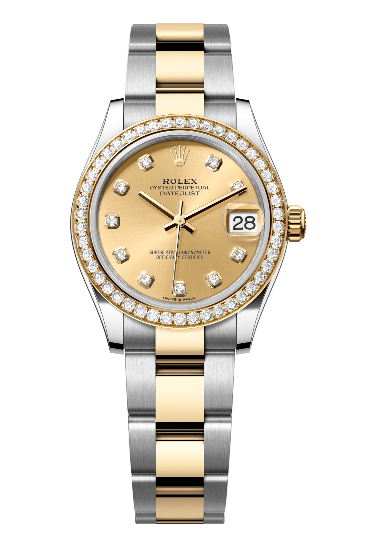 Rolex Oyster Perpetual Datejust 31 in Oystersteel and yellow gold features a champagne colour, diamond-set dial and an Oyster bracelet 278383RBR-Champagne