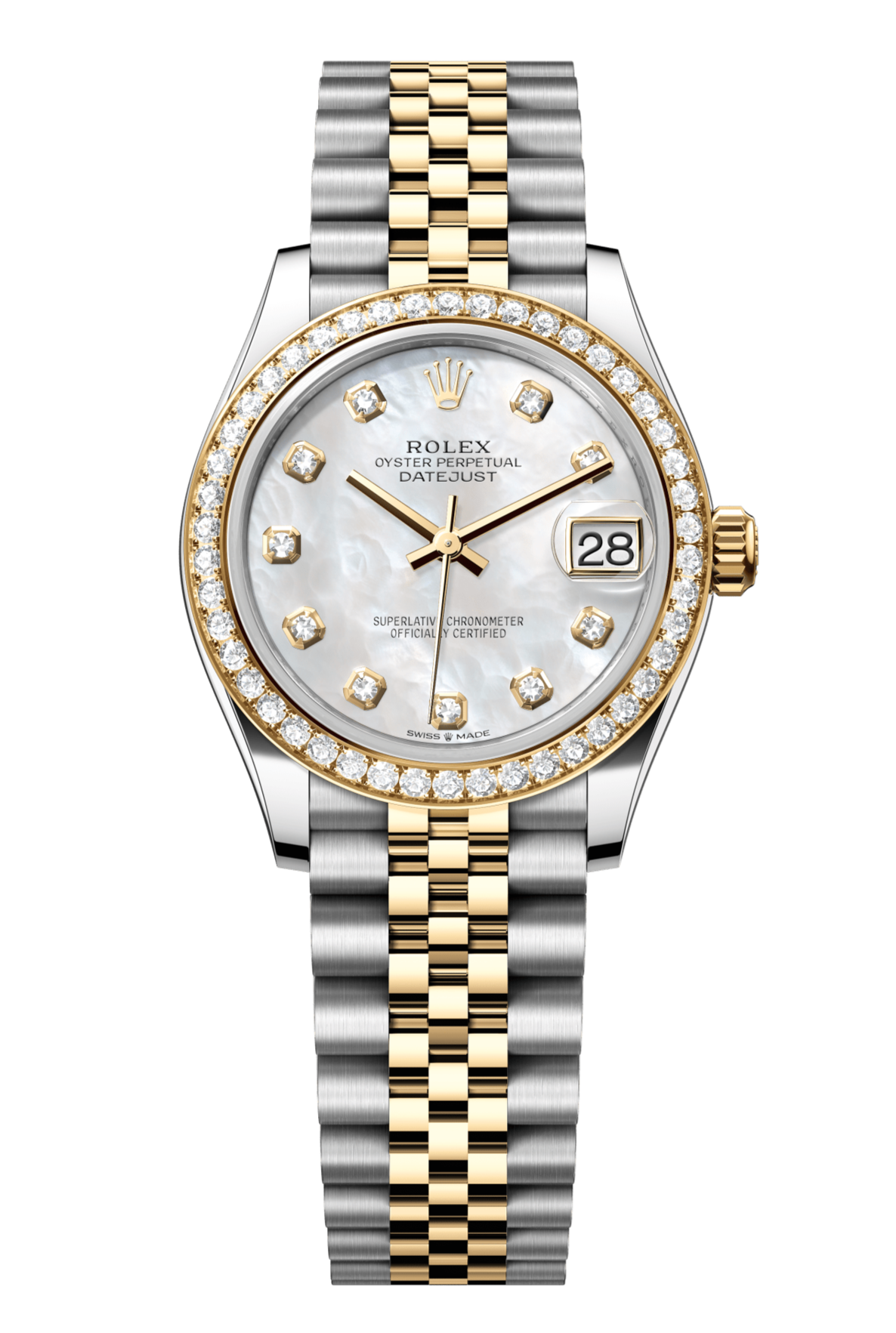 Rolex Oyster Perpetual Datejust 31 in Oystersteel and yellow gold features a white mother-of-pearl, diamond-set dial and a Jubilee bracelet 278383RBR-Mother of Pearl