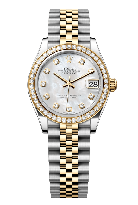 Rolex Oyster Perpetual Datejust 31 in Oystersteel and yellow gold features a white mother-of-pearl, diamond-set dial and a Jubilee bracelet 278383RBR-Mother of Pearl