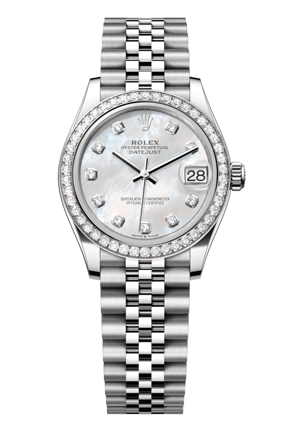 Rolex Oyster Perpetual Datejust 31 in Oystersteel and white gold features a white mother-of-pearl, diamond-set dial and a Jubilee bracelet 278384RBR-Mother of Pearl