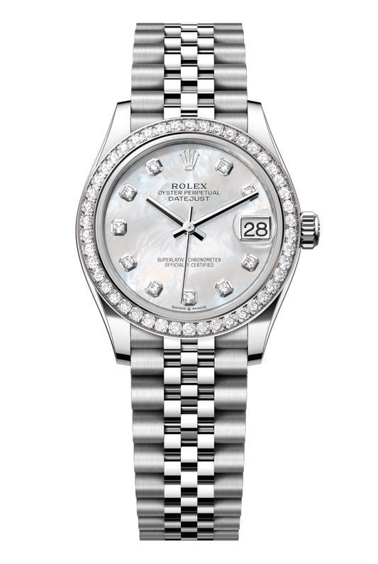 Rolex Oyster Perpetual Datejust 31 in Oystersteel and white gold features a white mother-of-pearl, diamond-set dial and a Jubilee bracelet 278384RBR-Mother of Pearl