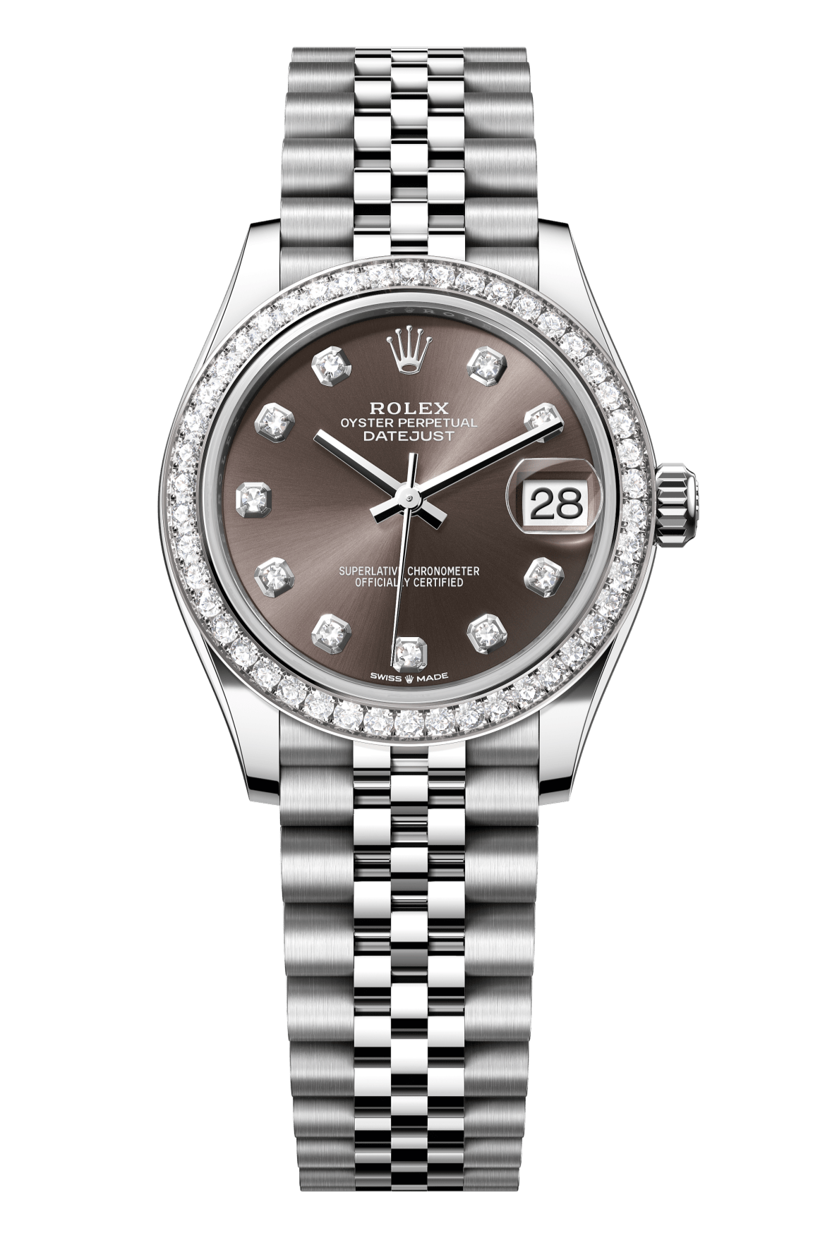 Rolex Oyster Perpetual Datejust 31 in Oystersteel and white gold features a dark grey, diamond-set dial and a Jubilee bracelet 278384RBR-Grey