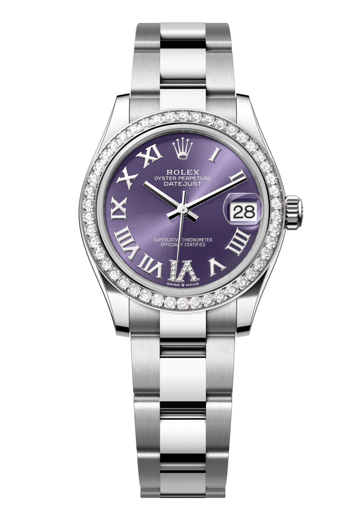 Rolex Oyster Perpetual Datejust 31 in Oystersteel and white gold features an aubergine, diamond-set dial and an Oyster bracelet 278384RBR-Aubergine