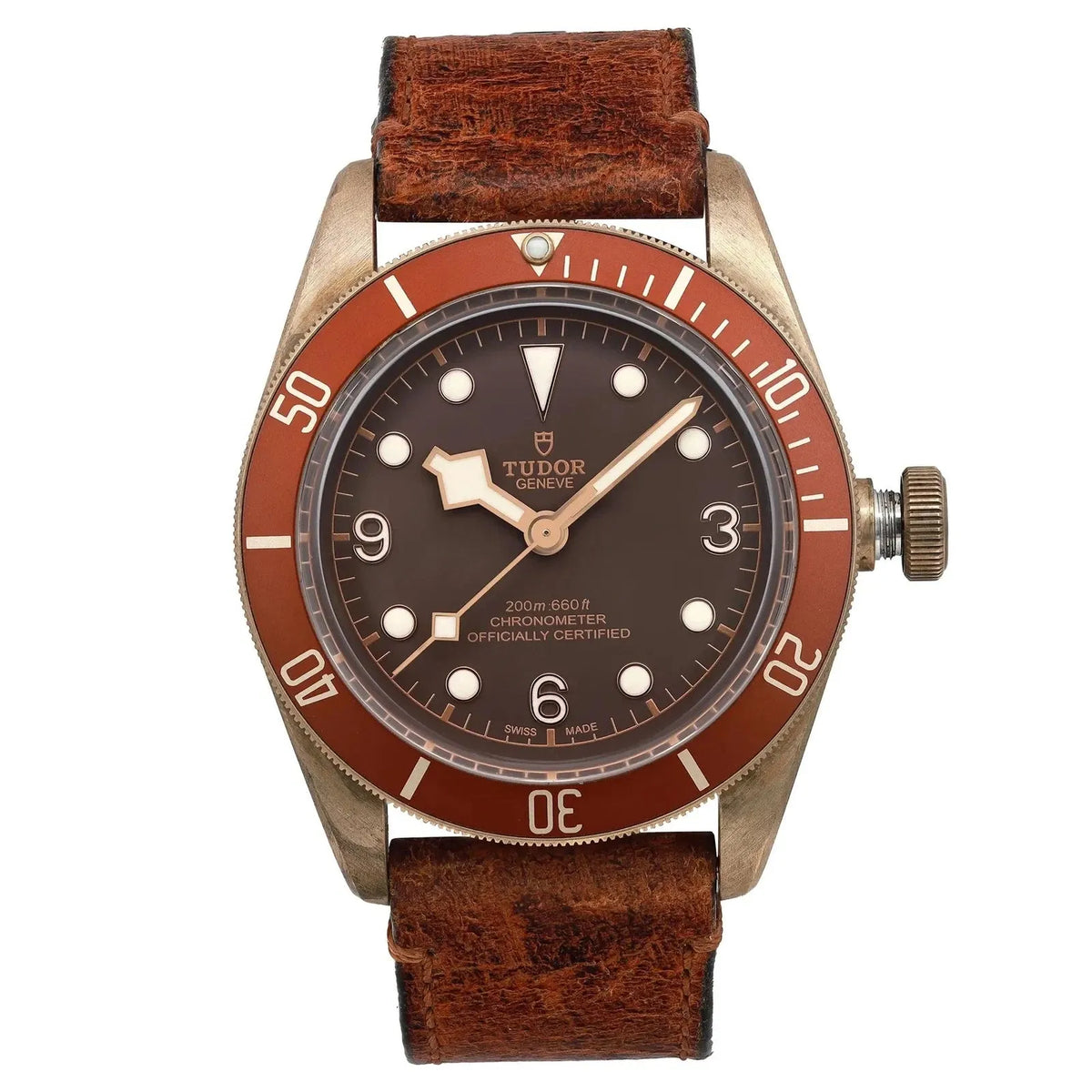 Tudor watch with brown strap and red bezel on a white background